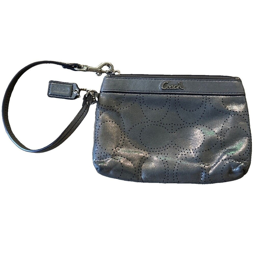 Coach Perforated Signature C Silver Metallic Glam Wristlet w Teal Satin Lining